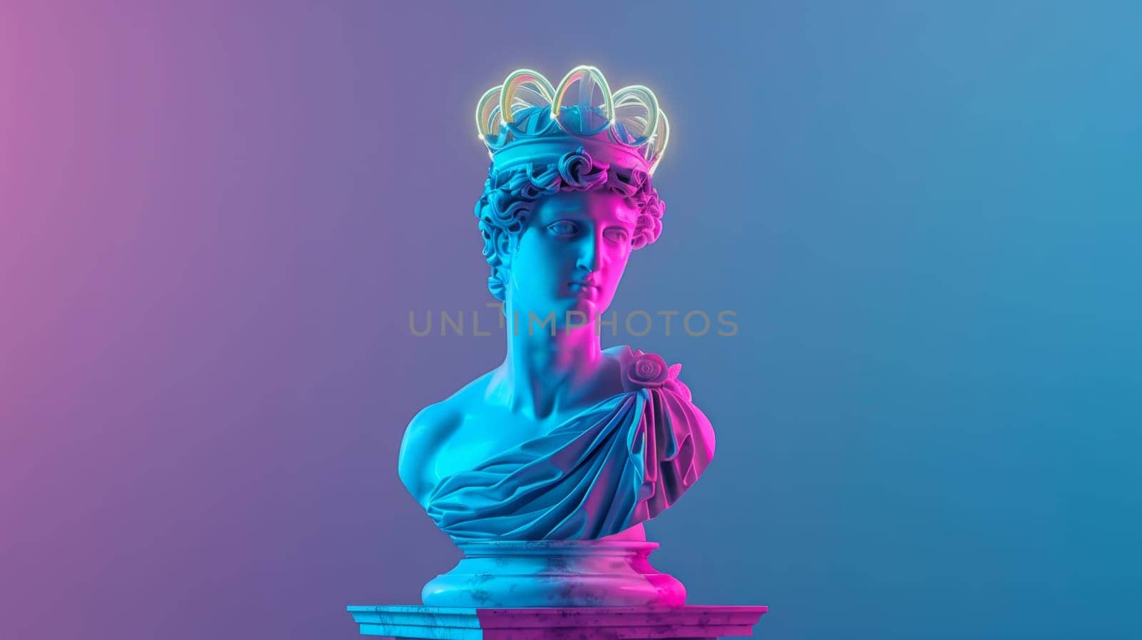 Colorful neon lighting on classical sculpture with a crown.