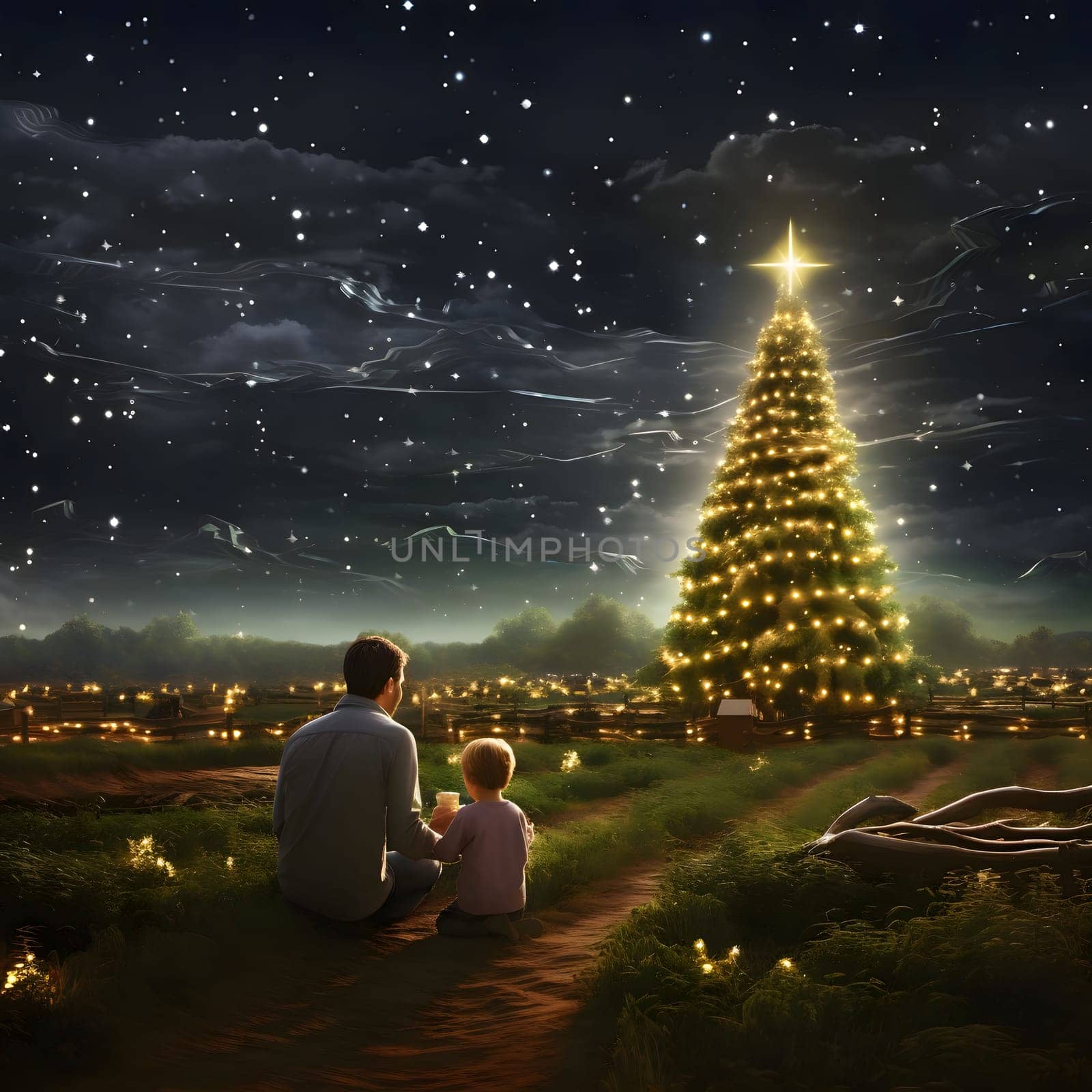 A father and his son in a clearing, observing a large Christmas tree with illuminated lights at night. Xmas tree as a symbol of Christmas of the birth of the Savior. by ThemesS