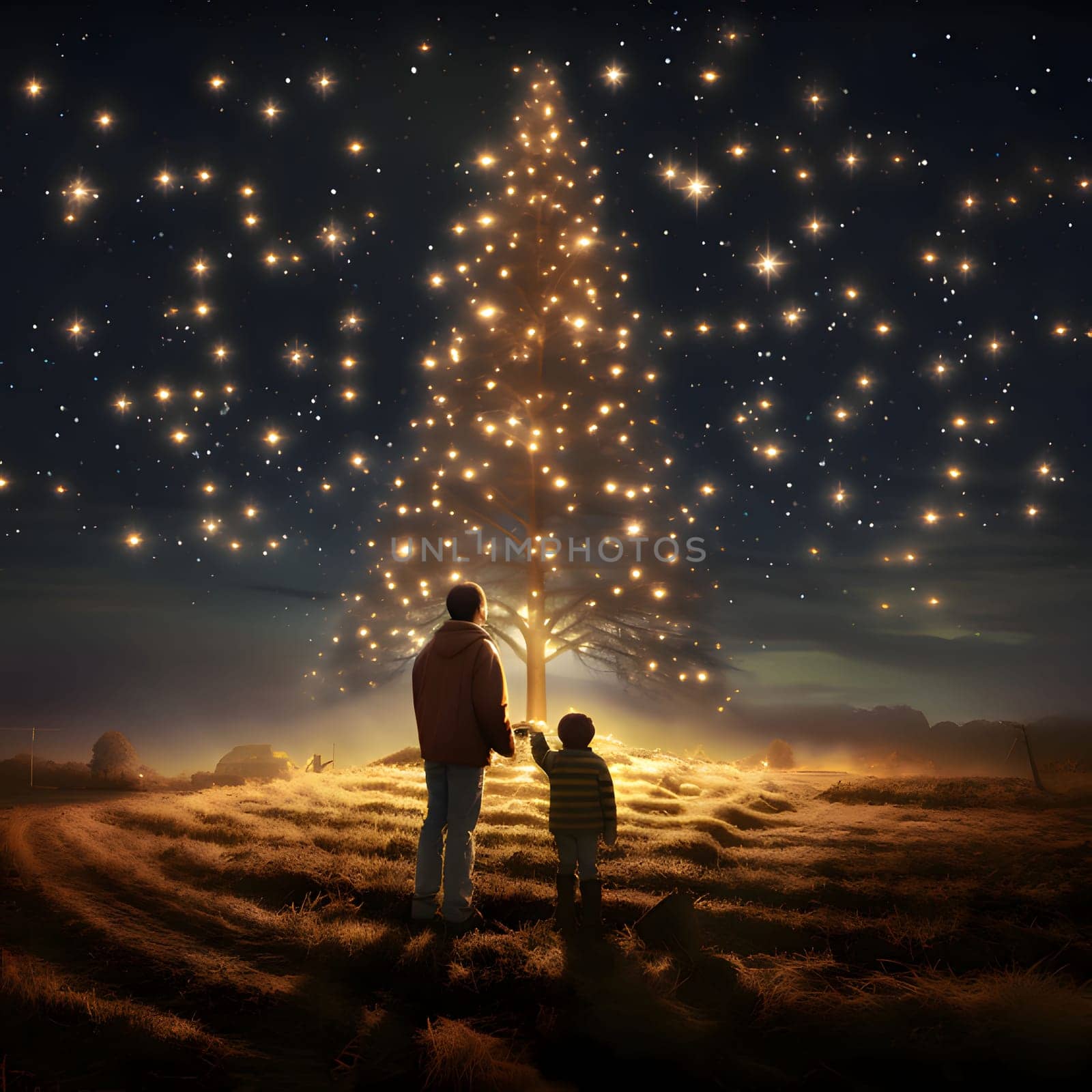 A father and his son in a clearing, observing a large Christmas tree with illuminated lights at night. Xmas tree as a symbol of Christmas of the birth of the Savior. A time of joy and celebration.