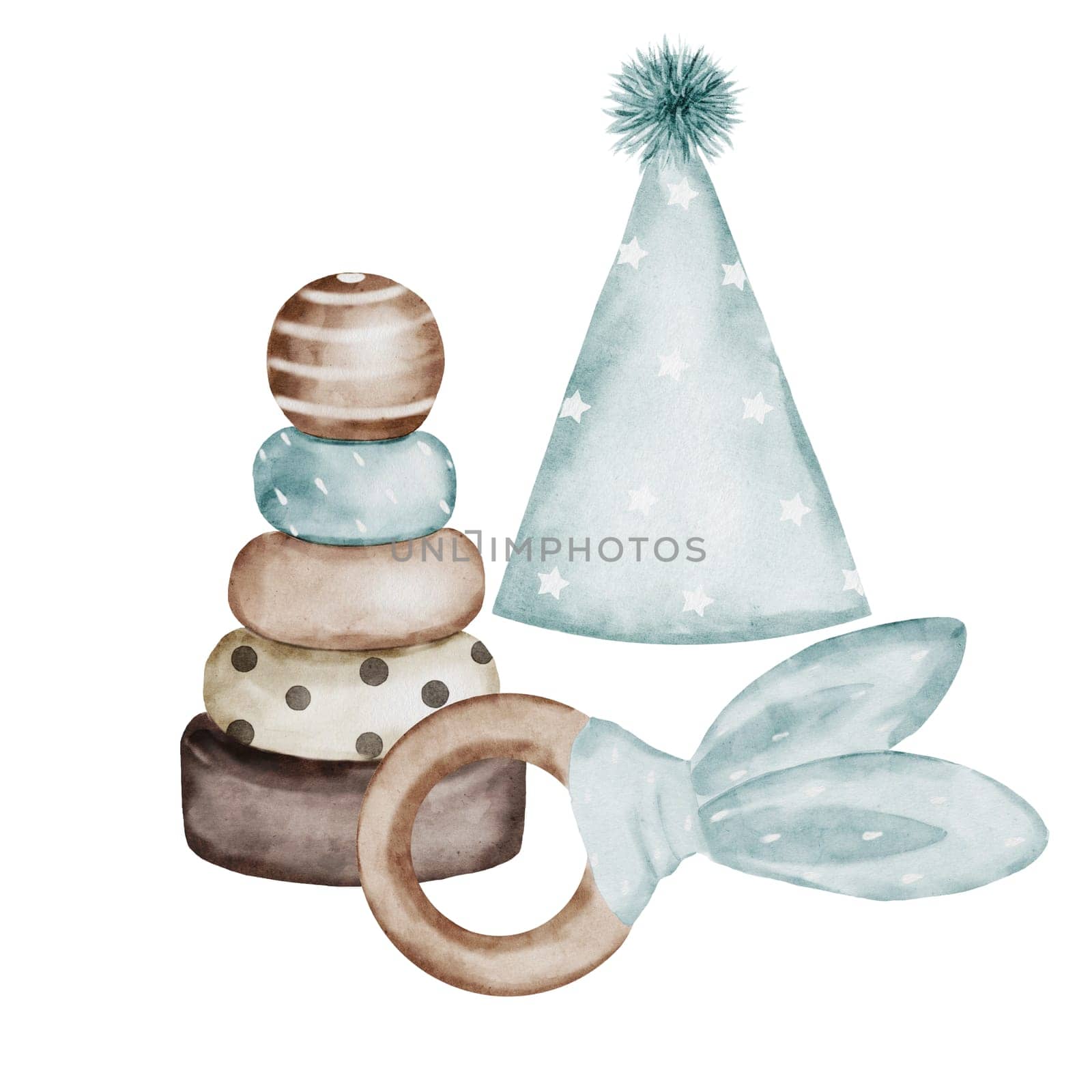Baby Toys. Watercolor hand drawing isolated on white background. Clip art composition of children's things: a pyramid, a rattle and a festive cap in blue and beige tones. For design of cards and invitations for baby shower and birthday
