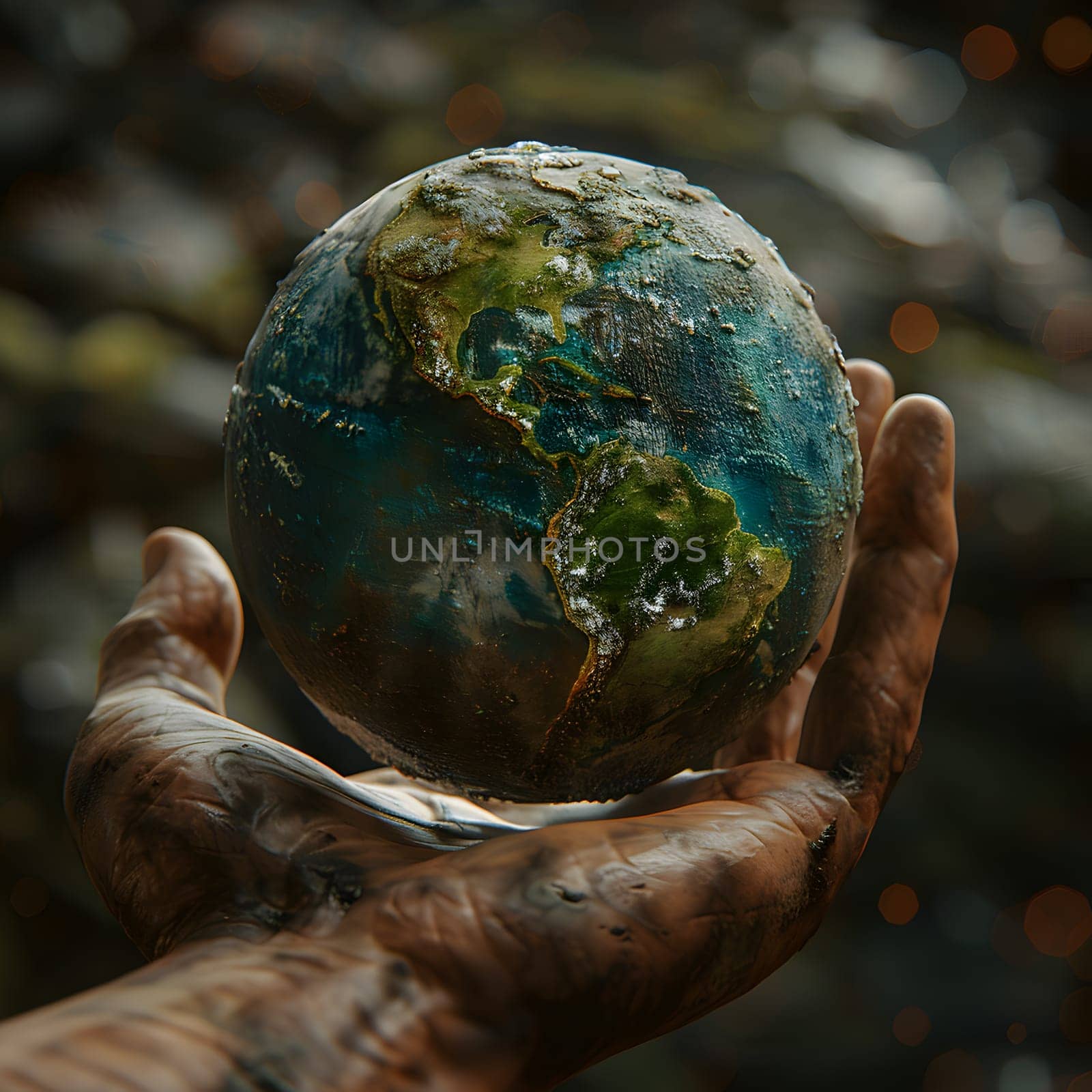 The person is holding a dirty globe made of natural materials like wood and glass, resembling a sculpture. The globe is a fashion accessory with an electric blue color, perfect for macro photography