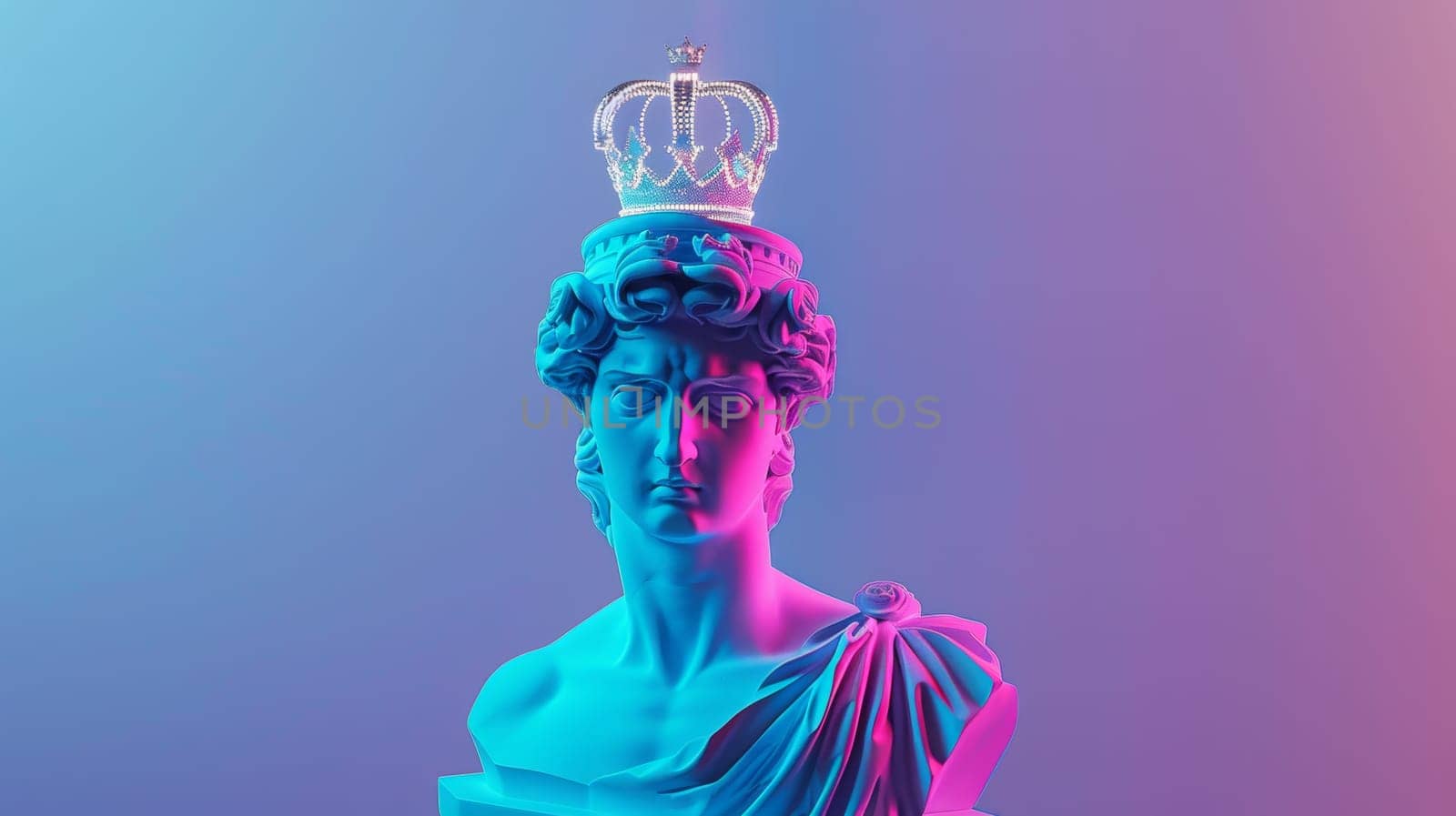 Neon-lit statue of David with a crown.