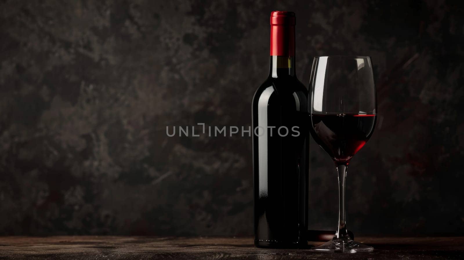 A glass filled with red wine sits next to a bottle of wine on a table. The rich color of the wine contrasts with the clear glass, while the bottles label adds a touch of elegance.