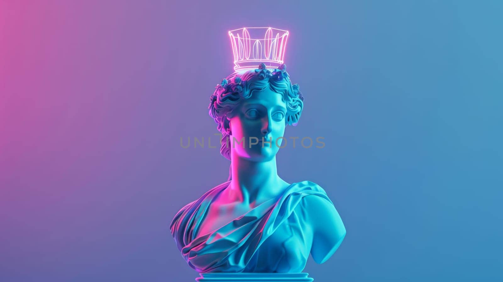 Neon-lit statue of a classical bust with a crown.
