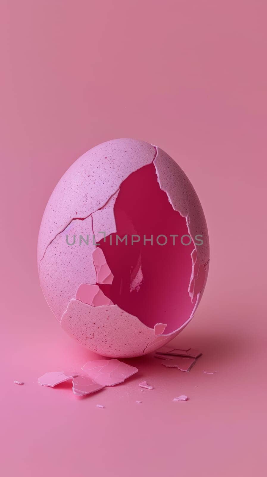 A cracked egg shell lies on a soft pink background. The fragments of the shell are scattered around, showing the impact of the breakage. The contrast between the delicate shell and vibrant background is striking.