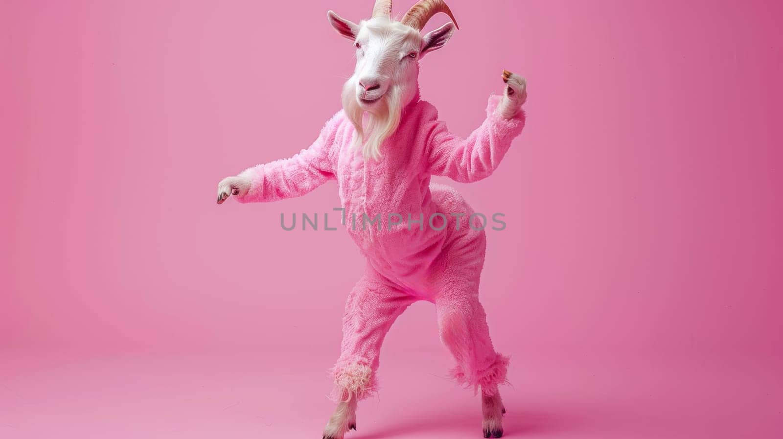 Goat in a Pink Suit Standing on Its Hind Legs.