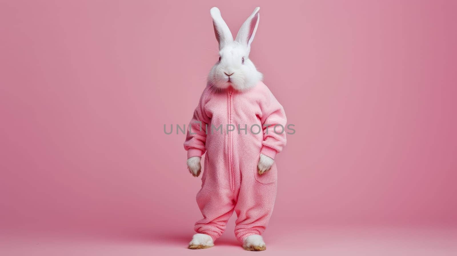 White Rabbit in Pink Outfit on Pink Background.