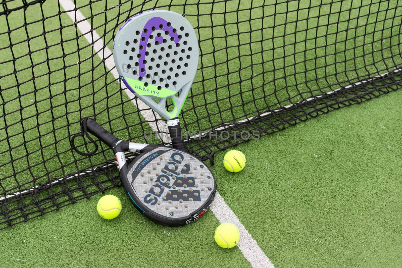 Ukraine Kyiv, April 13 2024. Paddle tennis objects and court. High quality photo