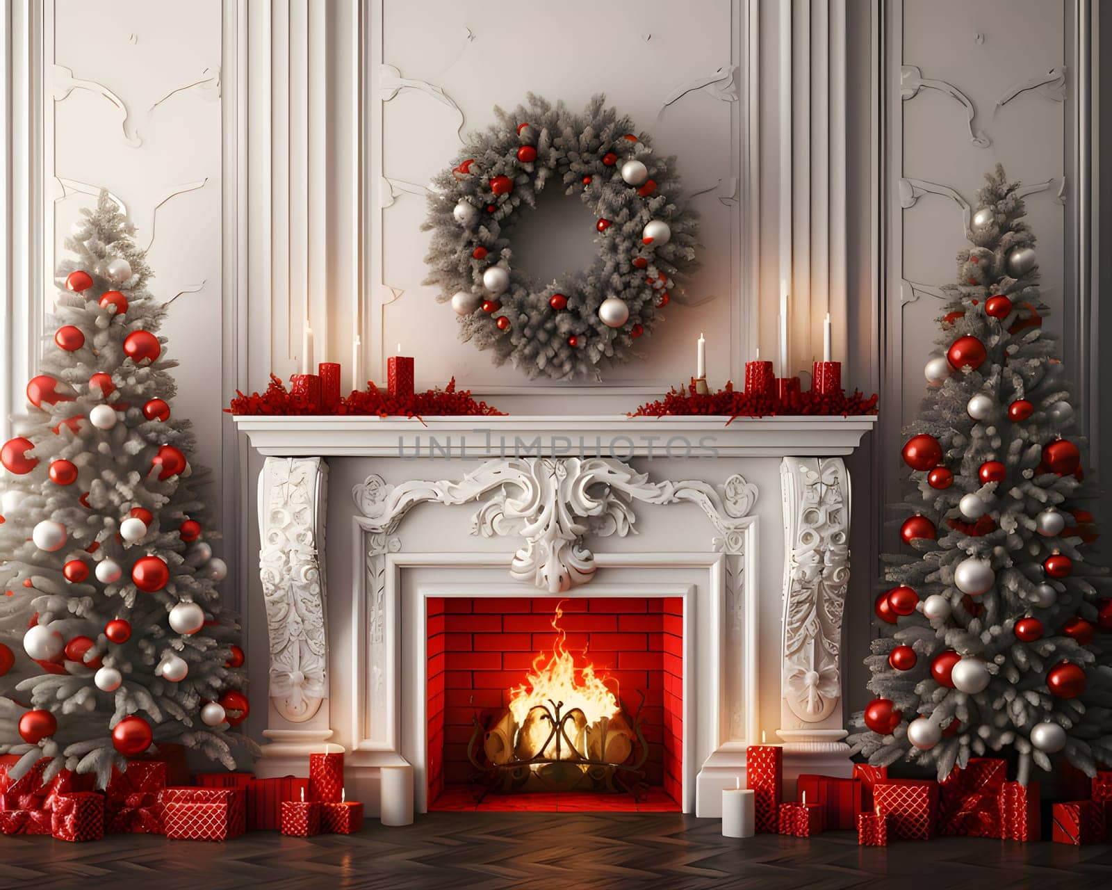 Home Fireplace, on the sides of the Christmas tree with red and silver baubles, in the middle a wreath and gifts of red candle. Xmas tree as a symbol of Christmas of the birth of the Savior. A time of joy and celebration.