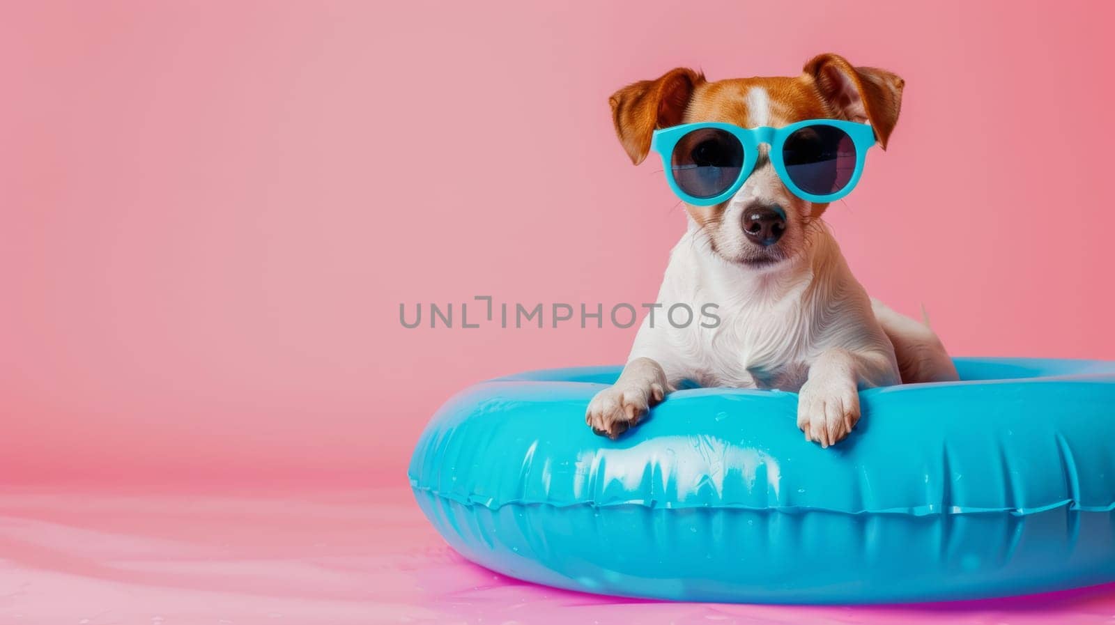 Dog wearing sunglasses on a blue inflatable ring.