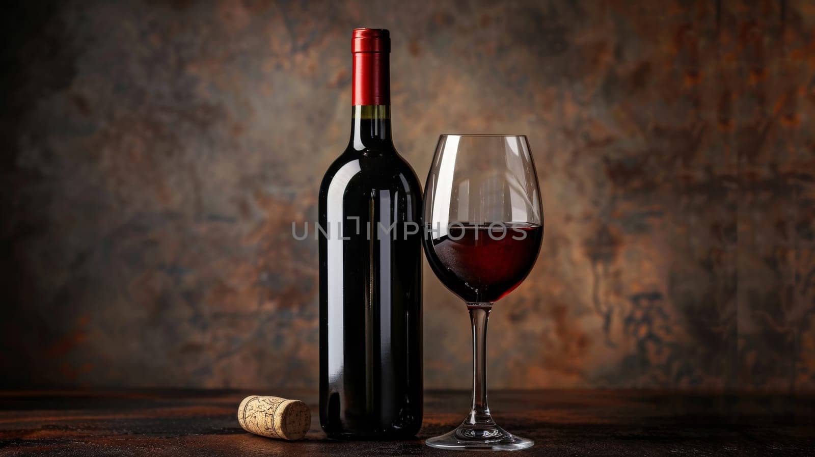 Glass of Red Wine Next to Wine Bottle.