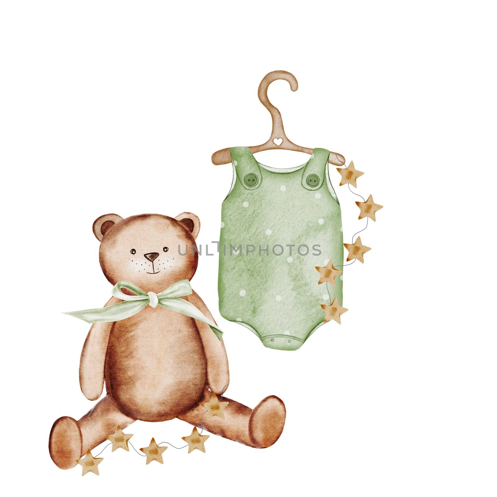 Baby clothes watercolor. Children's bodysuit and a teddy bear with a garland hand drawing isolated on white background. Clip art romper in pastel colors on a wooden hanger. For the design of children's cards and baby shower invitations. High quality illustration
