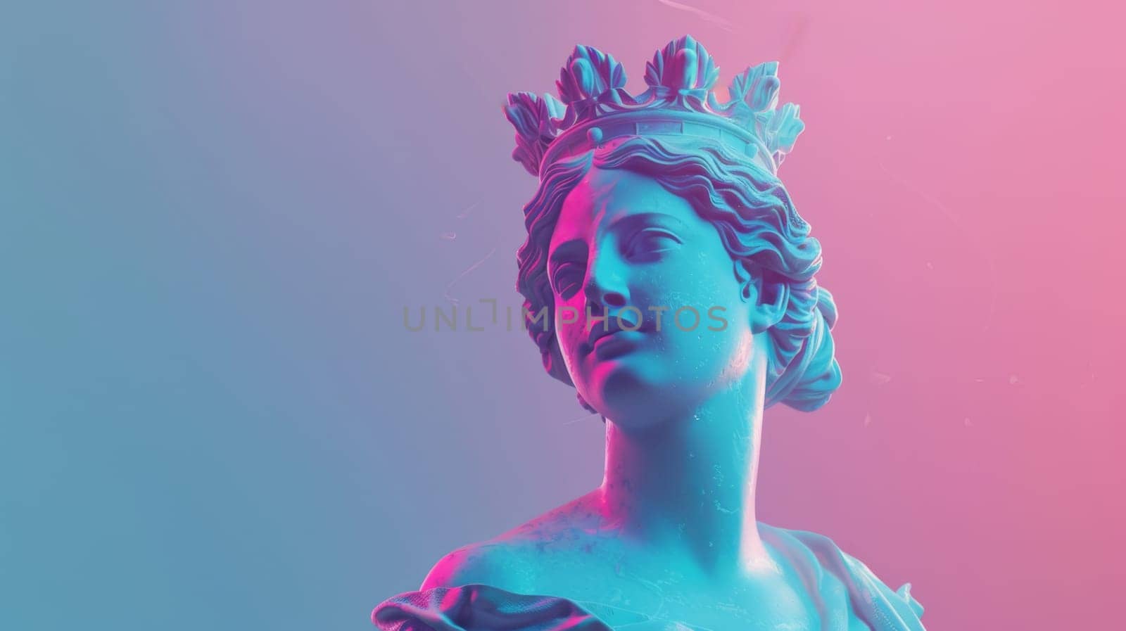 Neon gradient lighting on classical sculpture with a crown.