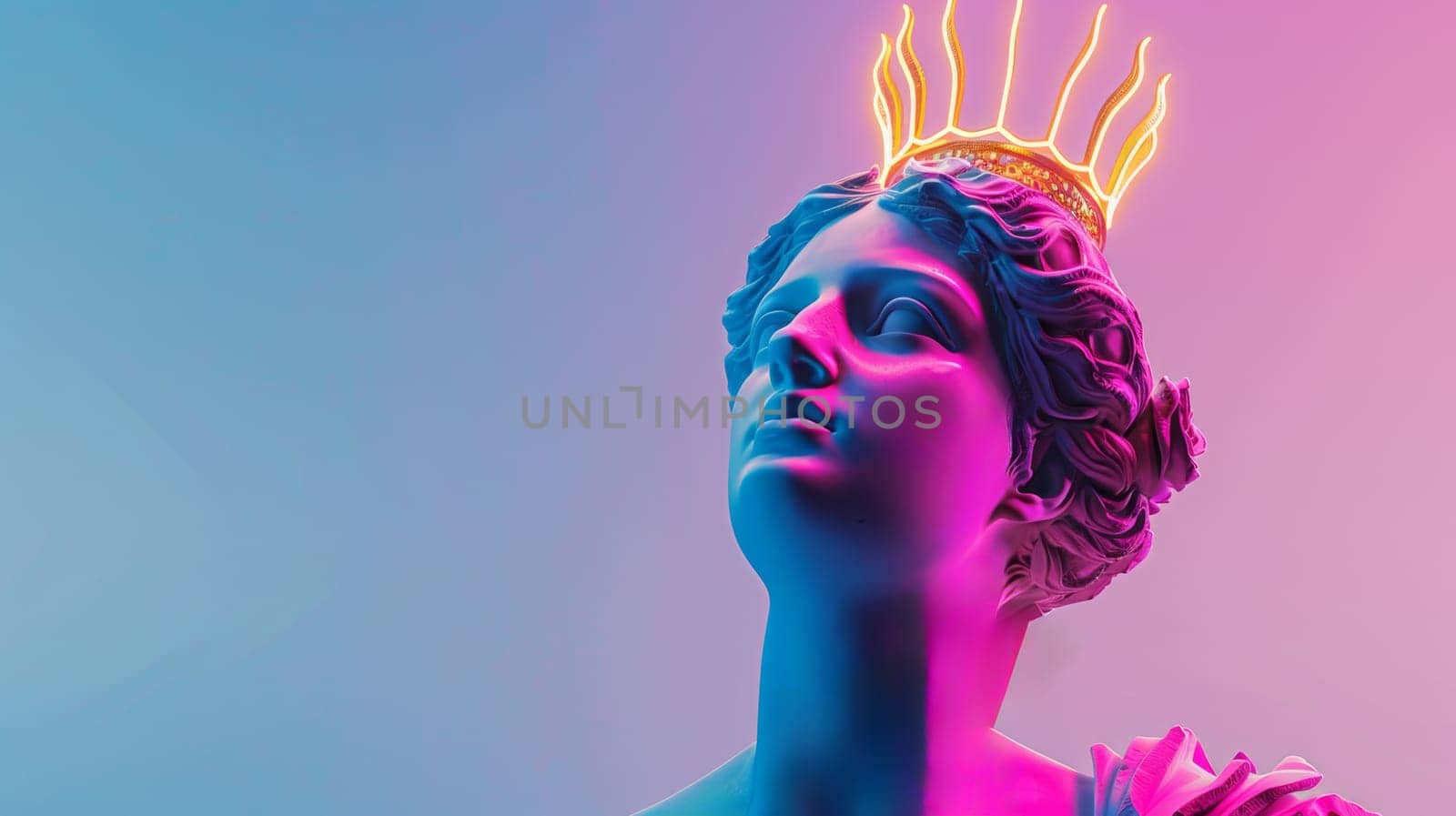 Neon-lit classical statue with a glowing crown.