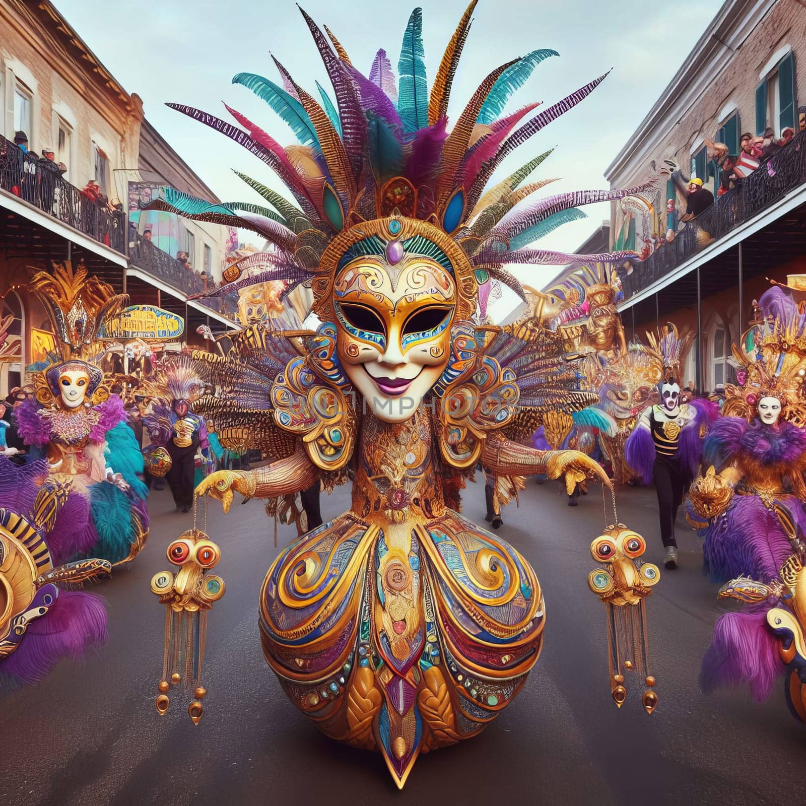 Vibrant Mardi Gras parade with participants in colorful, elaborate costumes, celebrating on a bustling street