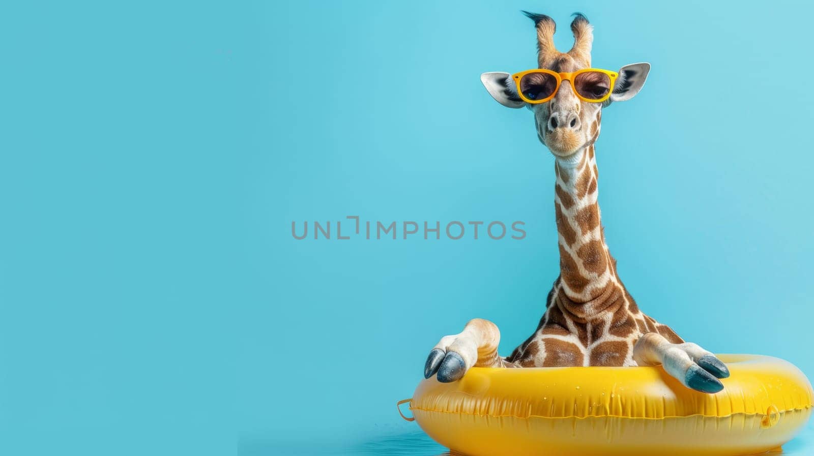 Giraffe wearing sunglasses floating on a yellow pool ring.