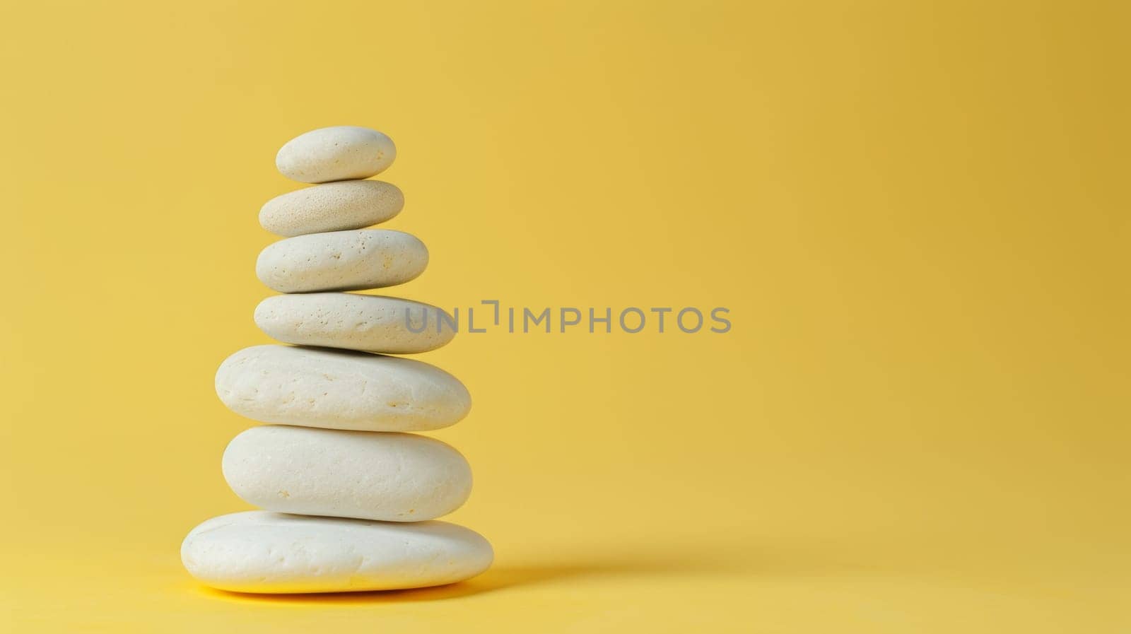 Stack of smooth white stones on yellow background.