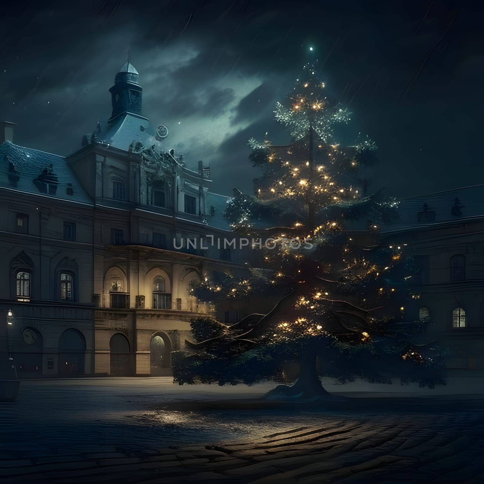 Christmas tree in front of a large mansion at night.Christmas banner with space for your own content. Blank field for the inscription.
