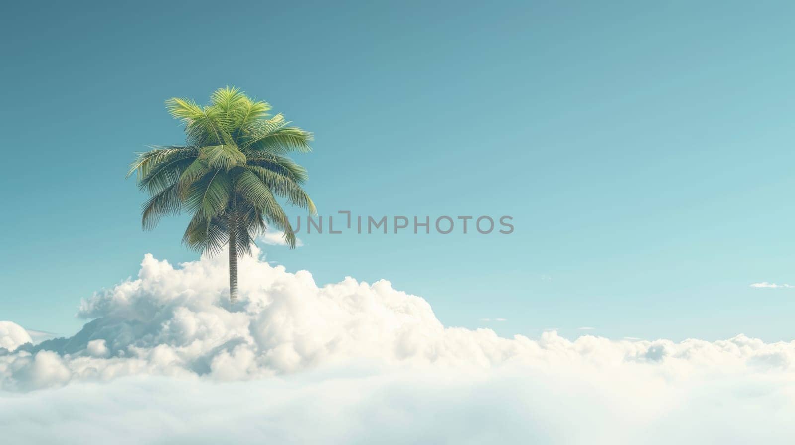 Palm tree on a cloud against a clear blue sky.