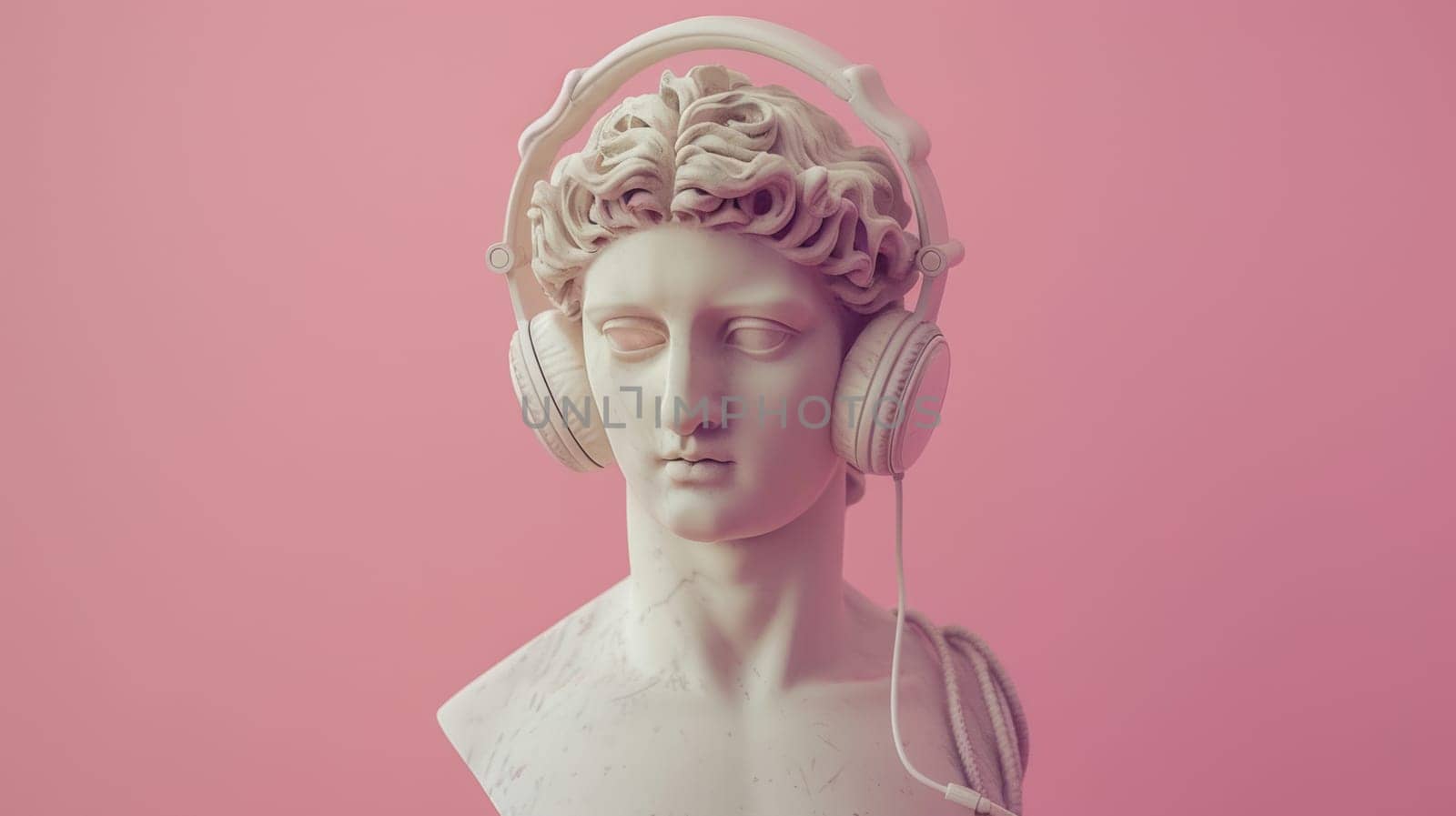 Classical statue with headphones on pink background.