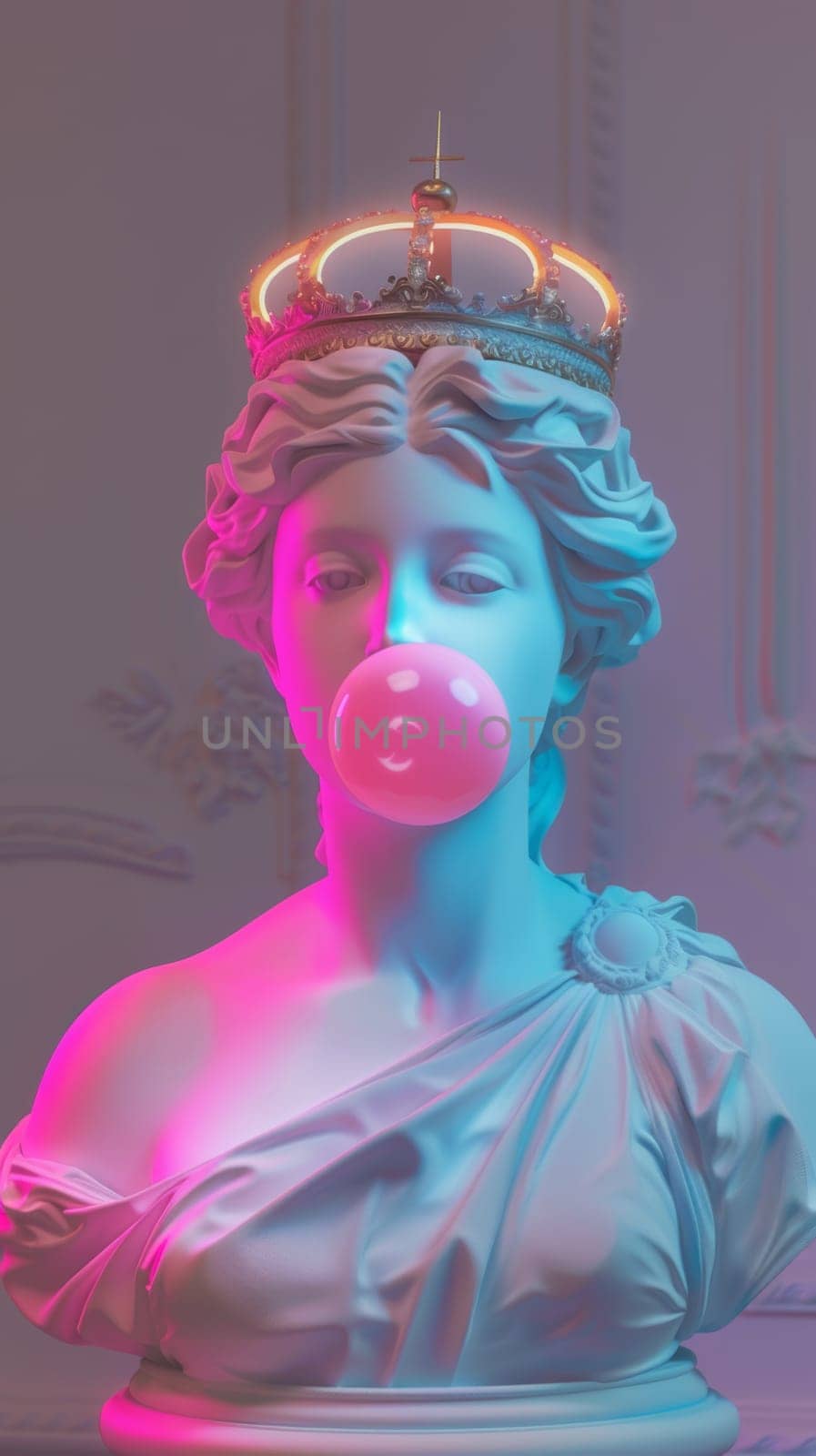 Bust of a classical statue with a glowing neon crown and bubble gum.