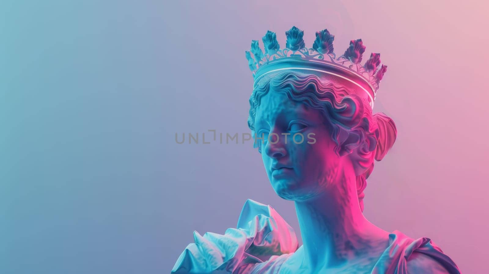 Colorful neon lighting on classical sculpture with a crown.