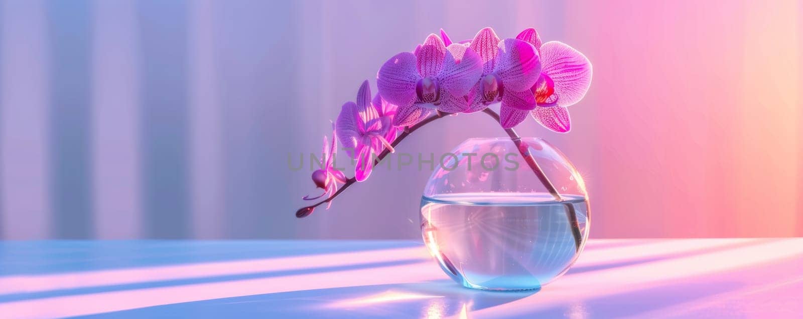 Purple orchid in a glass vase with colorful lighting.
