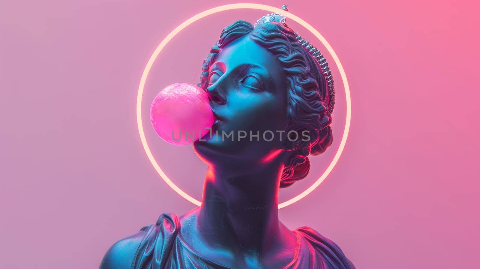 Neoclassical statue with a neon halo blowing a bubble gum.