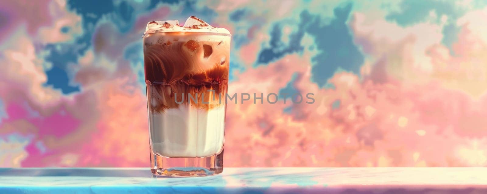 Iced coffee with cream in a tall glass against a vibrant sky.