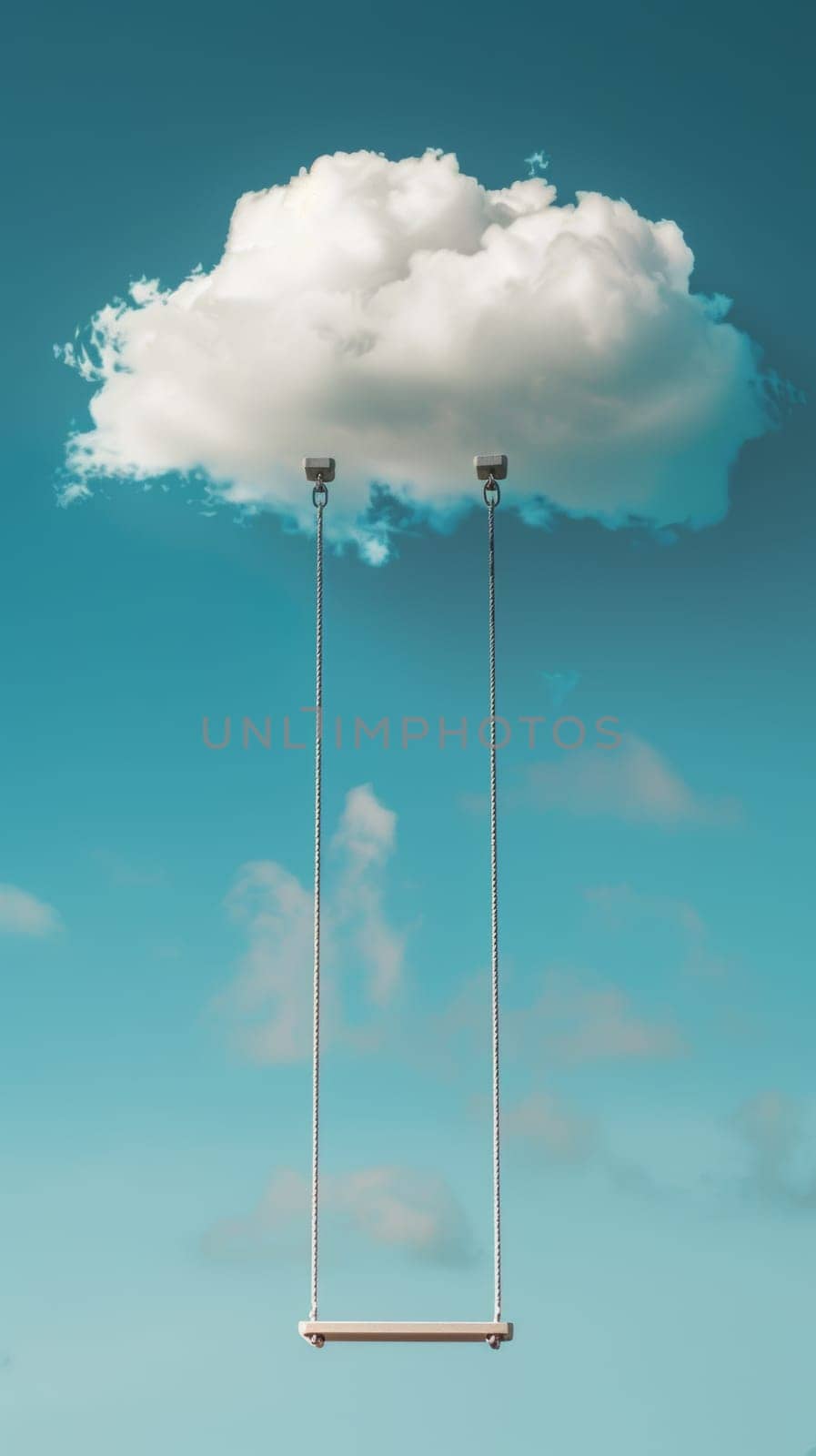 Swing hanging from a cloud in a clear blue sky.