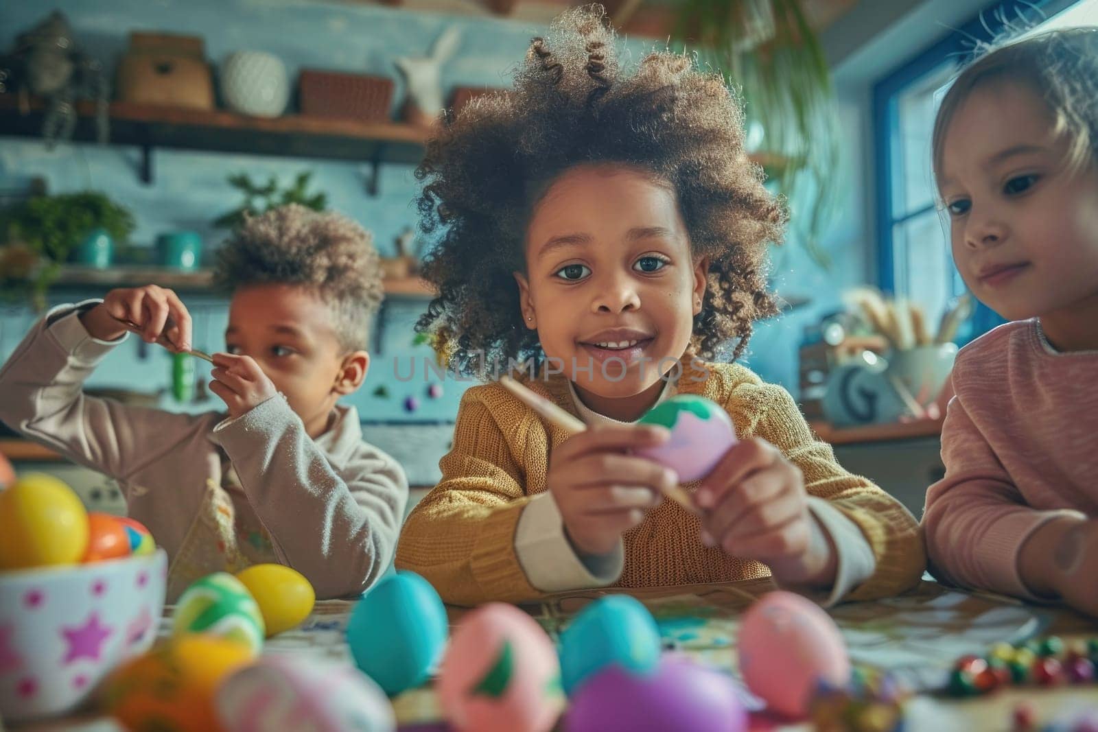 children painting Easter eggs at a crafting table