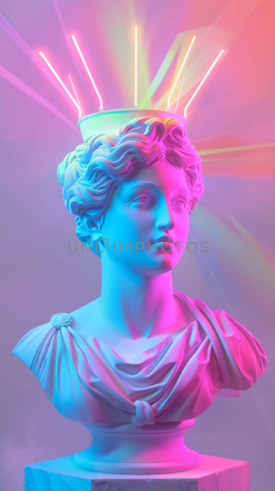 Neon lighted classical bust statue with a crown.