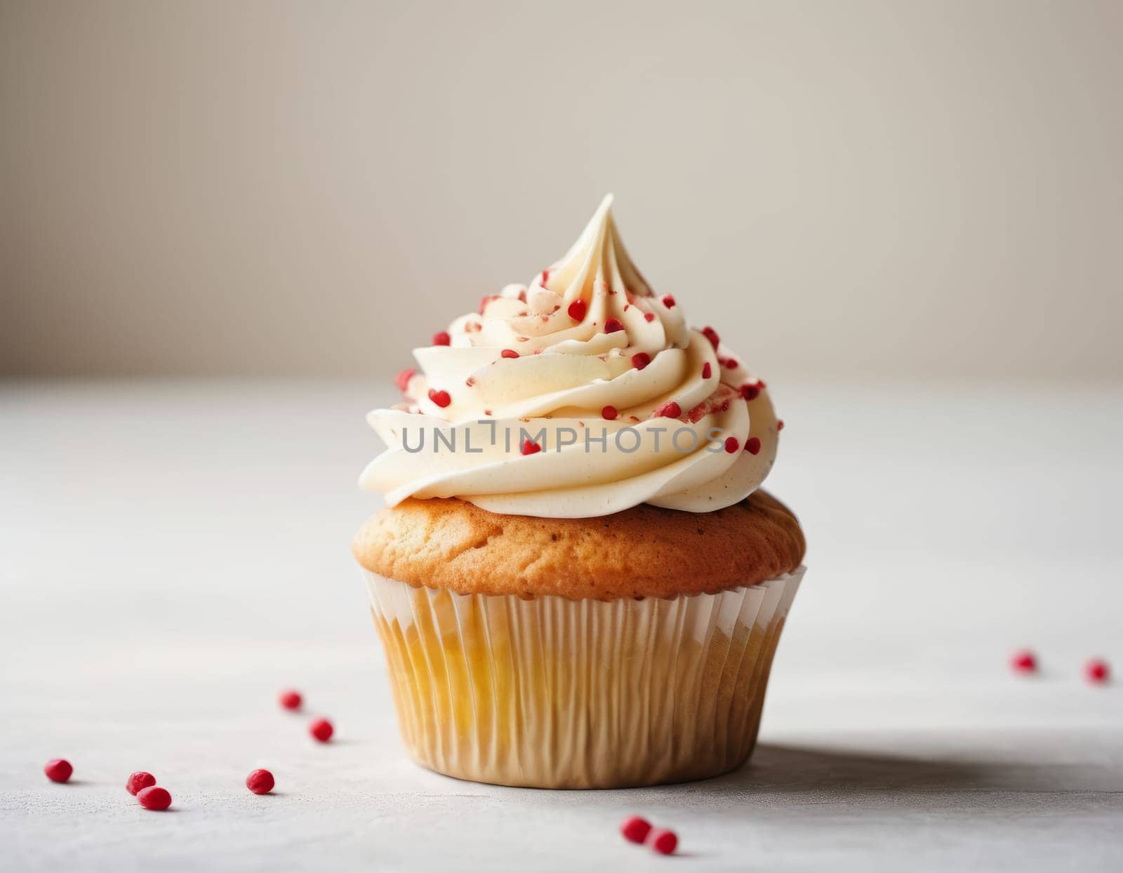 A vanilla cupcake with white frosting and red sprinkles on a white background