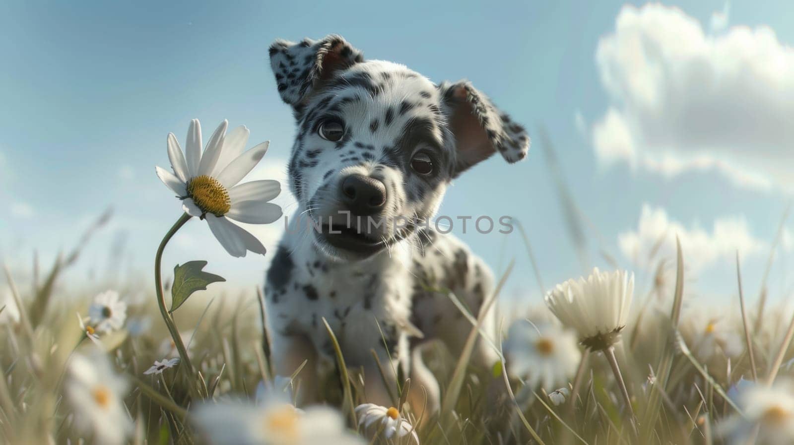 Dog Stands in Field of Daisies.