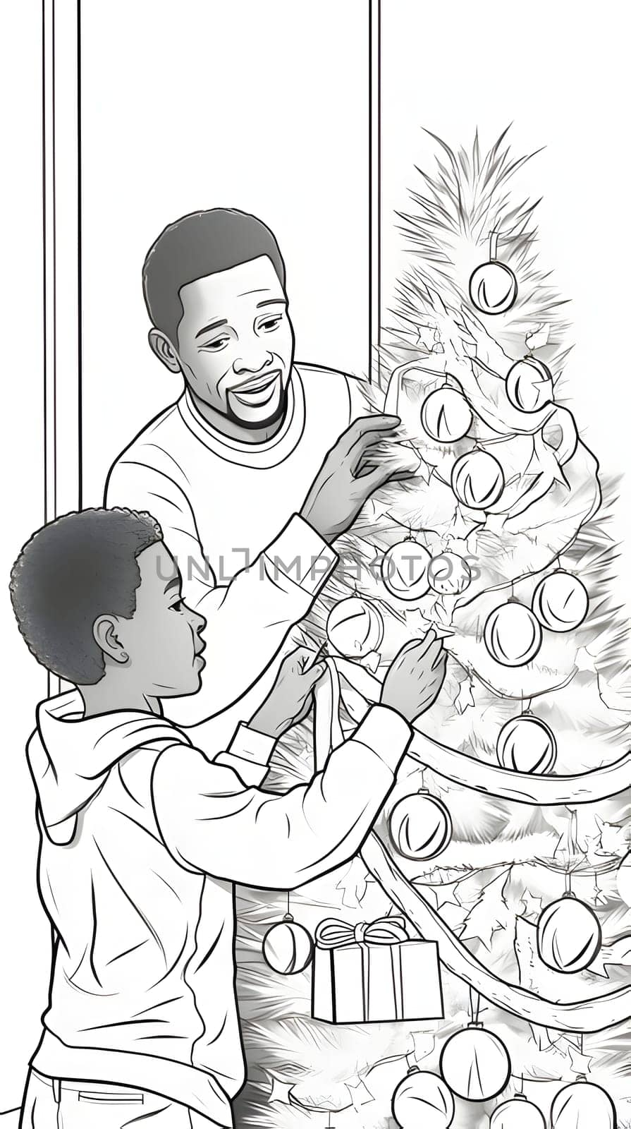 Father and son decorate Christmas tree, black and white coloring sheet. Xmas tree as a symbol of Christmas of the birth of the Savior. A time of joy and celebration.