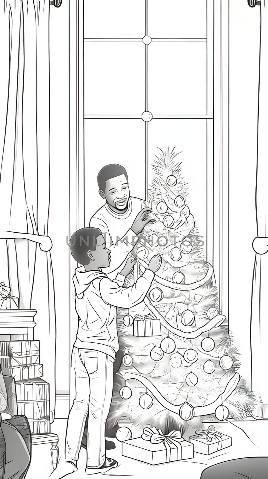 Father and son decorate Christmas tree, black and white coloring sheet. Xmas tree as a symbol of Christmas of the birth of the Savior. A time of joy and celebration.