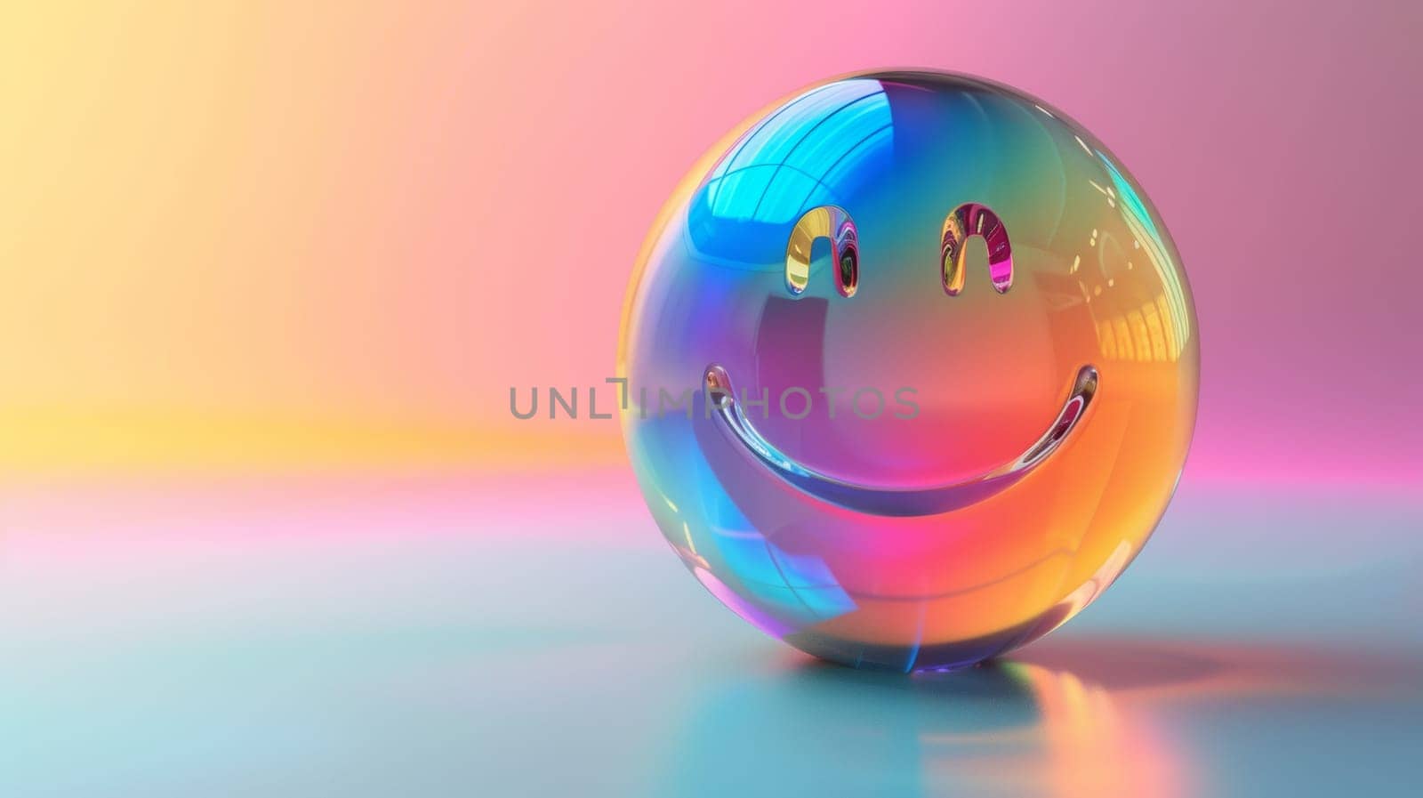 Smiling glass sphere with colorful reflections on gradient background.