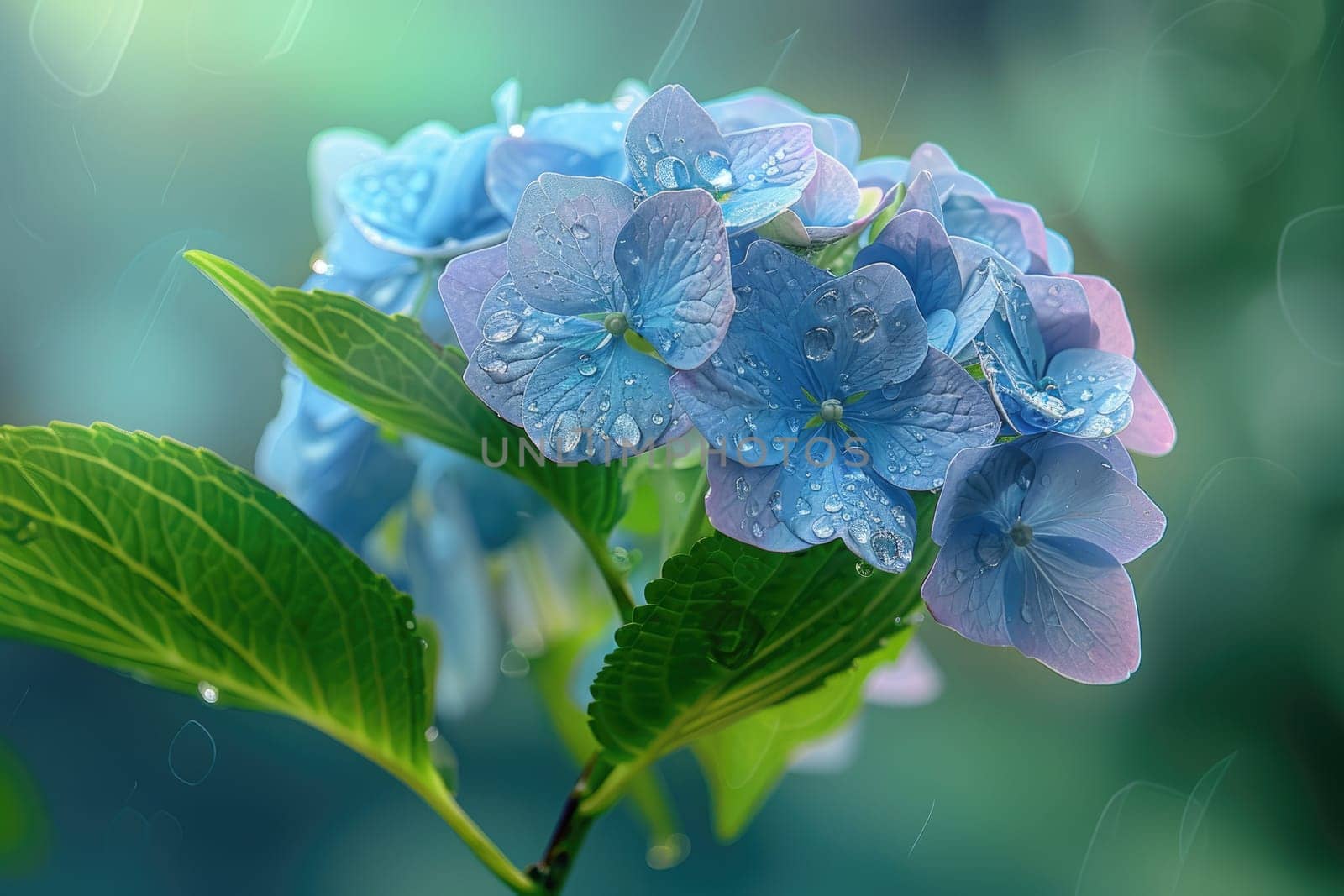Close up view. Beautiful colors Hydrangea isolated with drops of water on the petals. by Chawagen