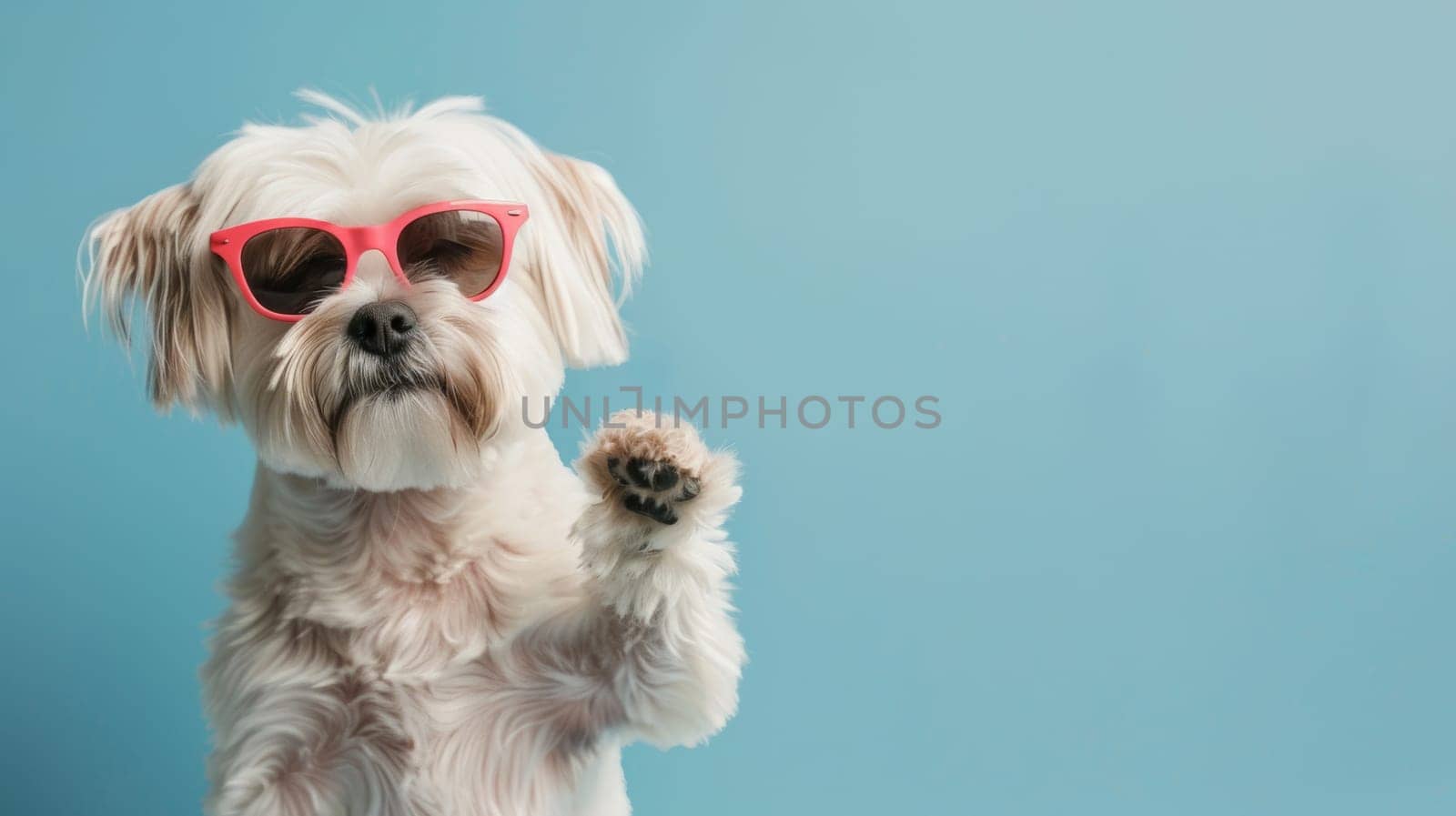 White dog wearing pink sunglasses on blue background.