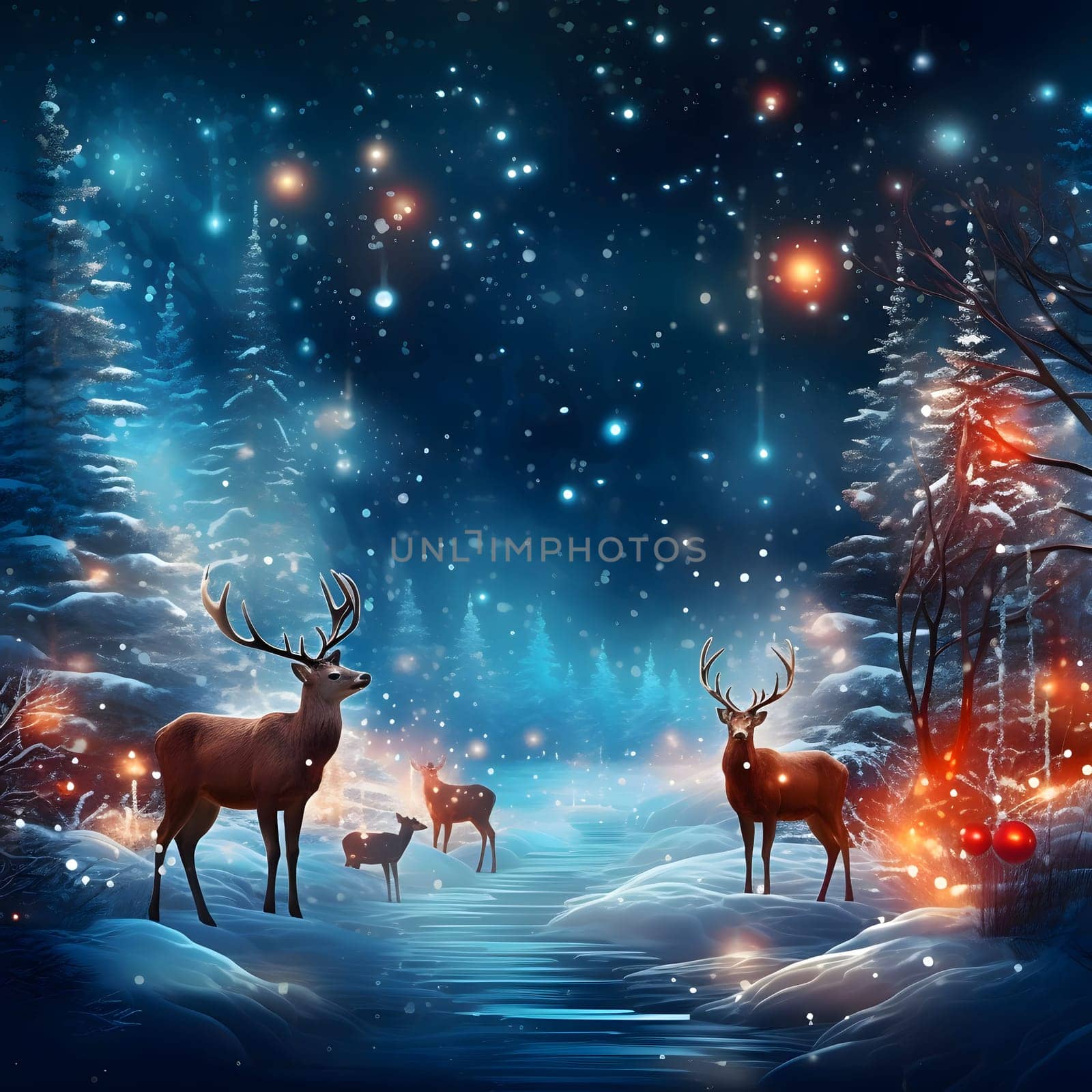 A lone deer in a snow-covered forest at night, illustration. Xmas tree as a symbol of Christmas of the birth of the Savior. A time of joy and celebration.