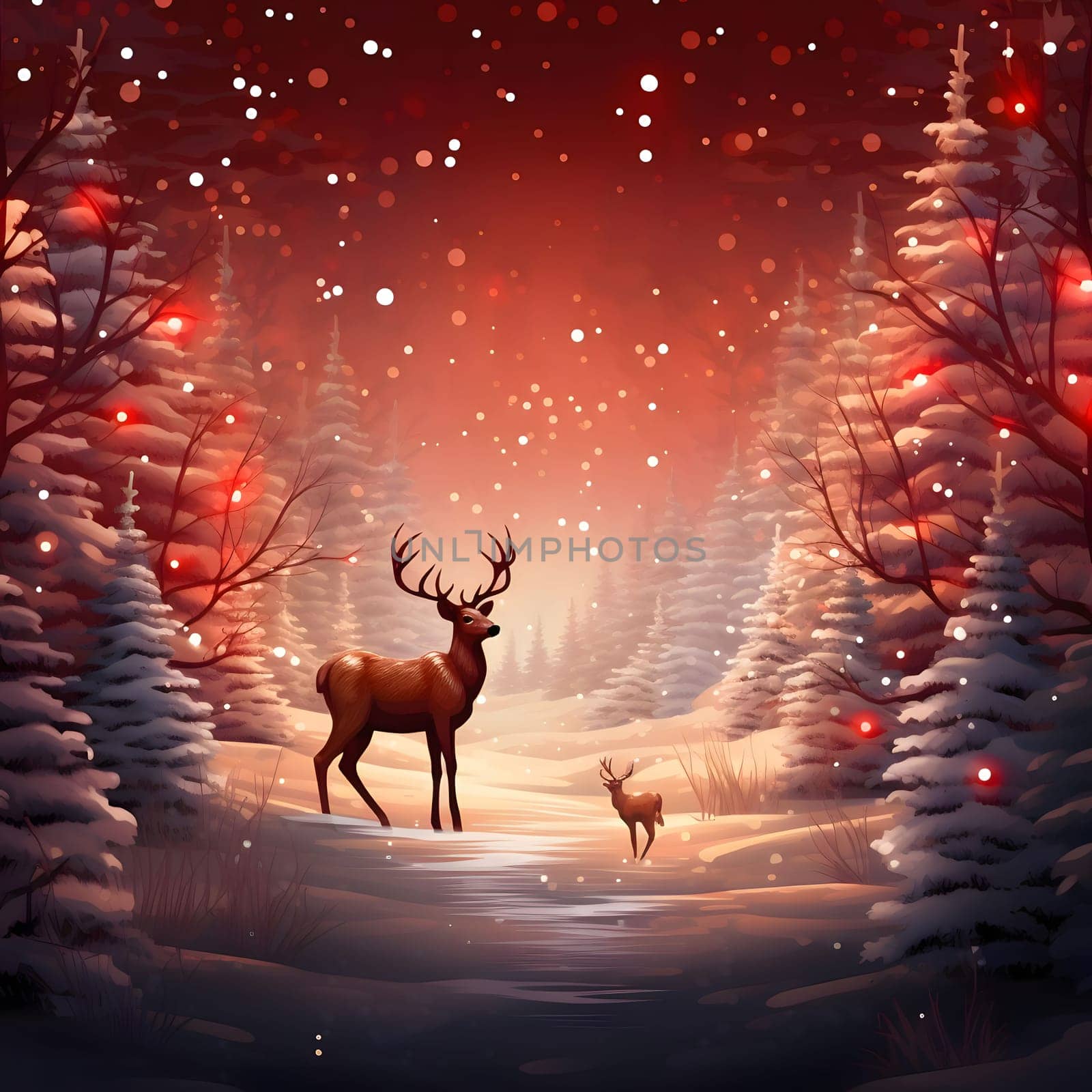 A lone deer in a snow-covered forest at night, illustration. Xmas tree as a symbol of Christmas of the birth of the Savior. by ThemesS