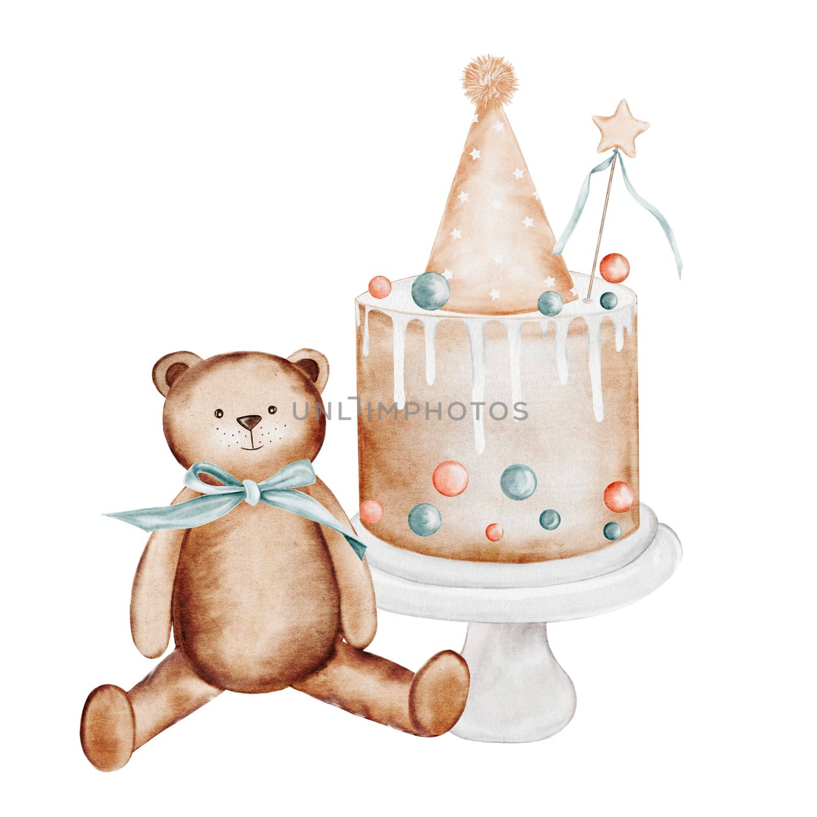 Watercolor birthday drawing. Cute card with cake and teddy bear isolated on white background. Clip art with neutral pastel colors handmade. Ideal for cards and invitations to celebrities and baby showers. High quality illustration