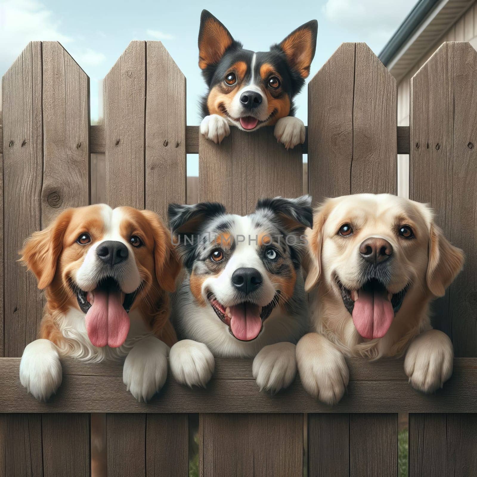 Four happy dogs of different breeds peeking over a wooden fence, showcasing their playful and friendly nature