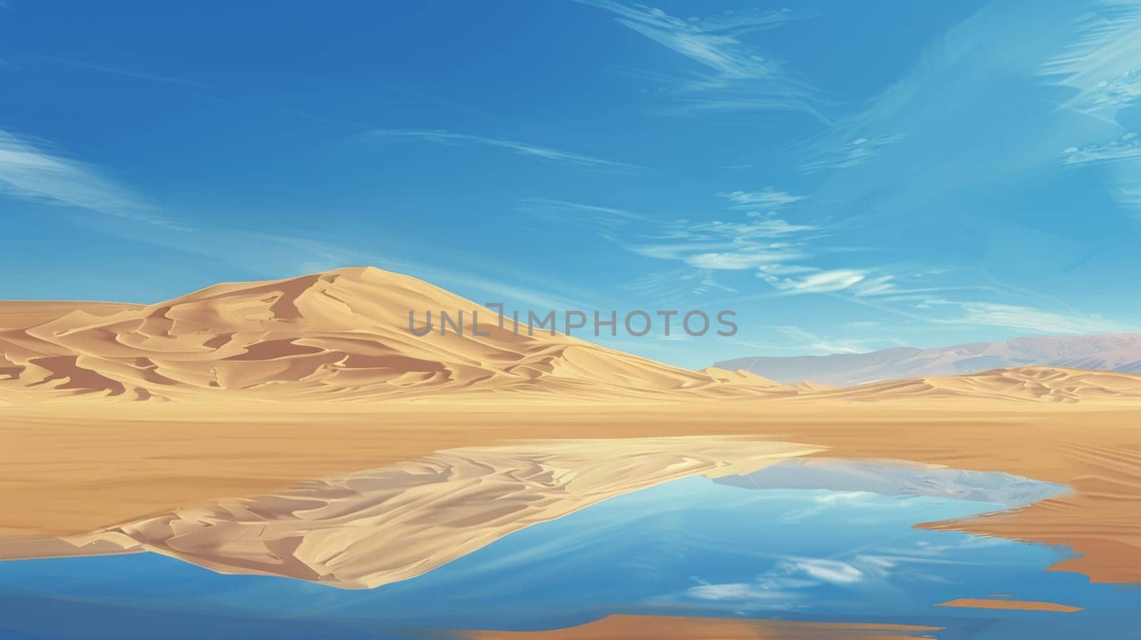 Sandy desert with a reflective water body under a clear blue sky.