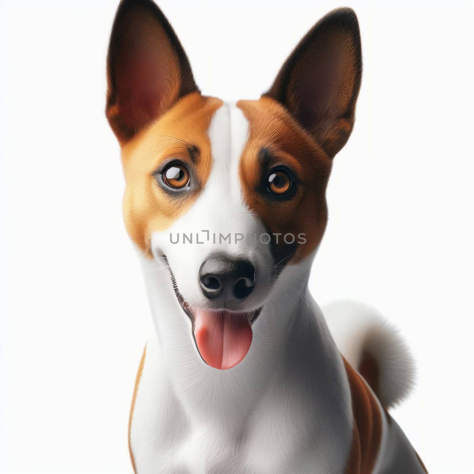 Cute Basenji dog with looking at camera and tongue out, wearing a red collar. by sfinks