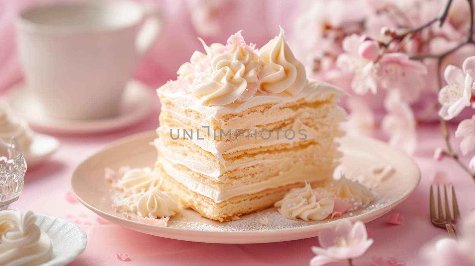 A slice of cake is placed elegantly on top of a pristine white plate, showcasing its moist texture and colorful toppings. The plate sits on a clean surface, emphasizing the simplicity and deliciousness of the dessert.