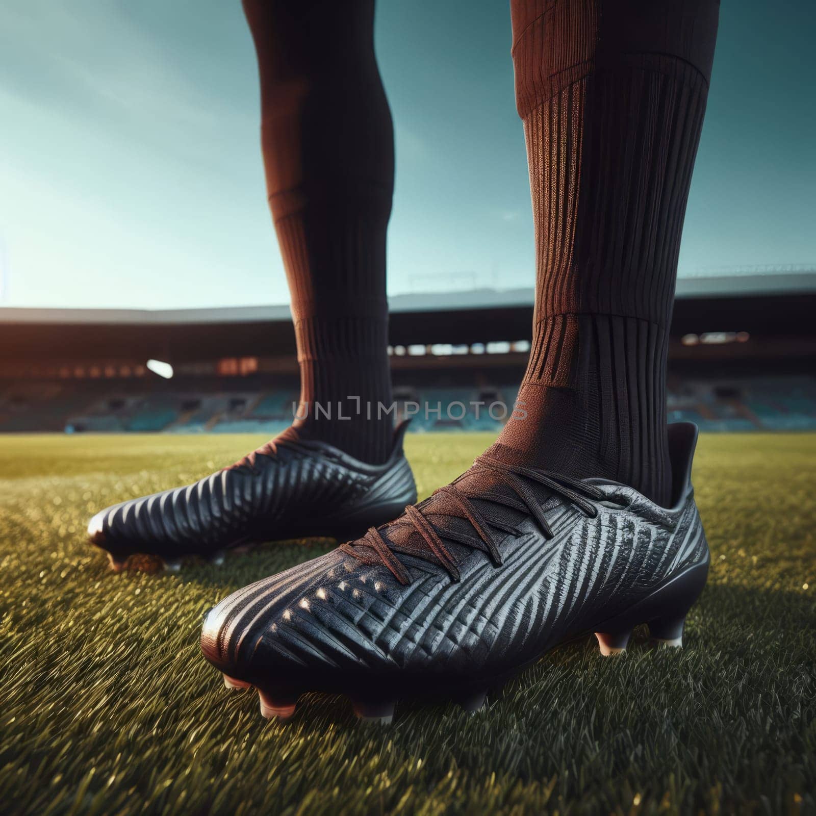 Close-up of a soccer player's feet in black cleats on a vibrant green field in a stadium