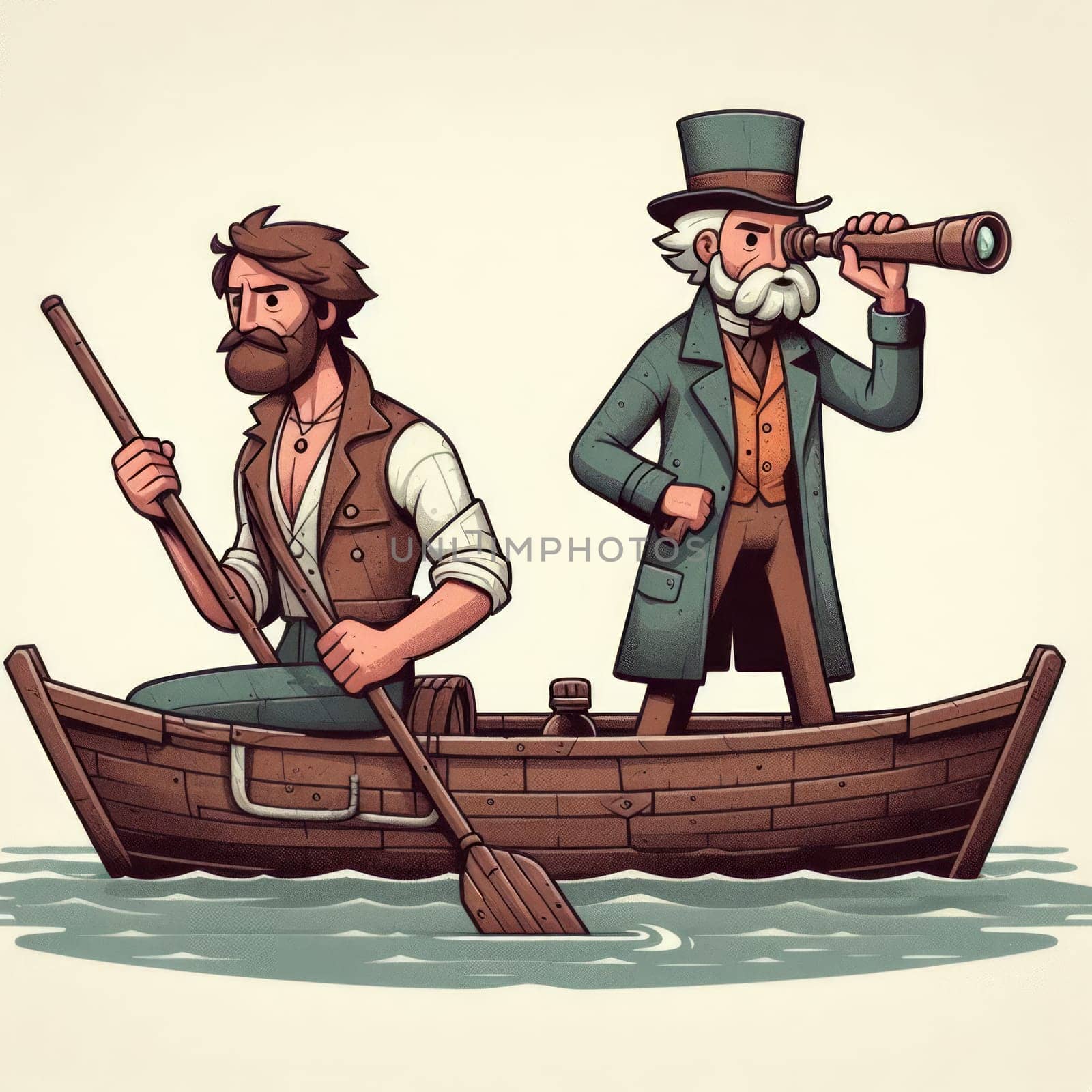 Historical illustration of two gentlemen on a sea voyage, one rowing and the other observing through a telescope