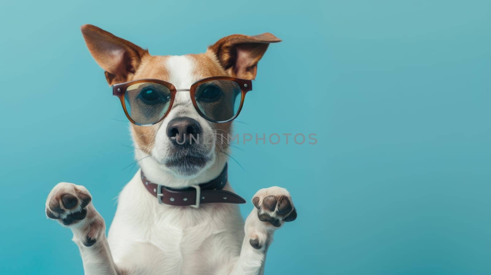 Dog in sunglasses with paws up.
