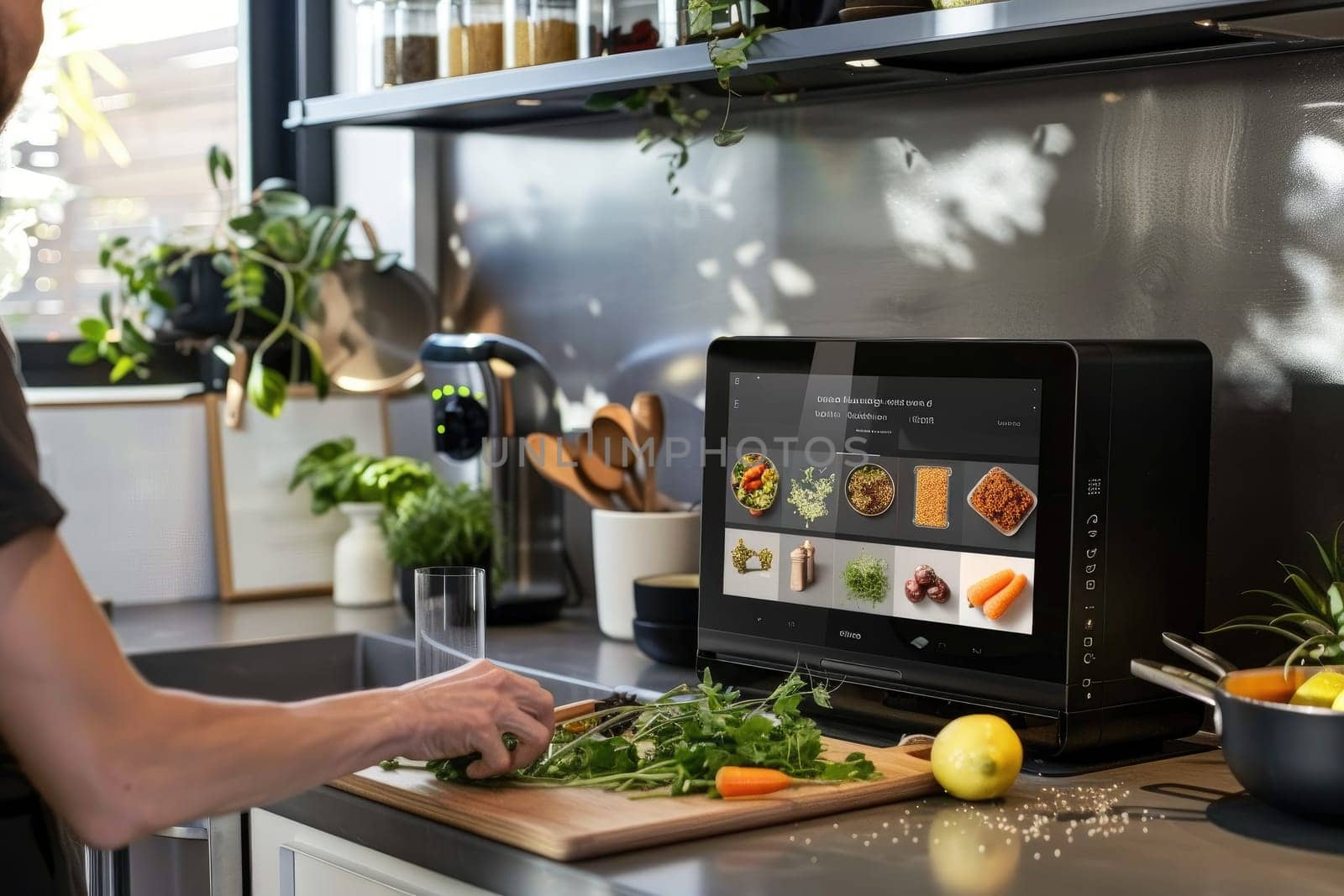 A person follows a recipe on a smart display in their kitchen